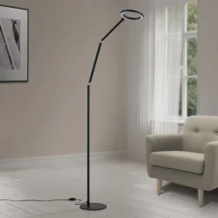 LED-gulvlampe Ringo, sort, metal, justerbar, dæmpbar