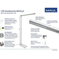 LED-gulvlampe til kontor MAULjet, sølvfarvet, dæmpbar, 195 cm