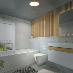 LED-loftslampe Runa Wood trælook 3.000 K Ø28cm