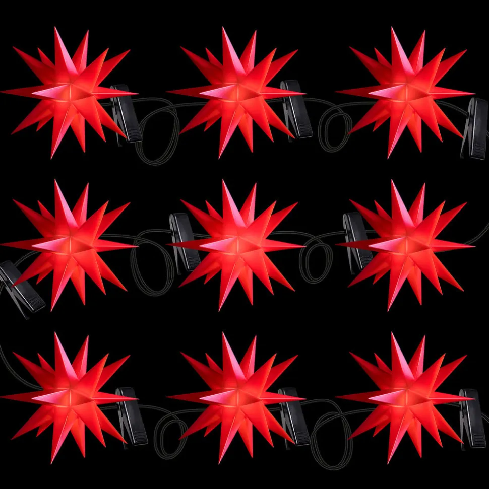 LED-lyskæde med 9 stjerner til udendørs brug, rød