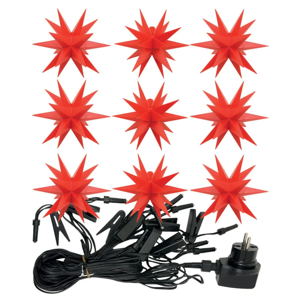 LED-lyskæde med 9 stjerner til udendørs brug, rød