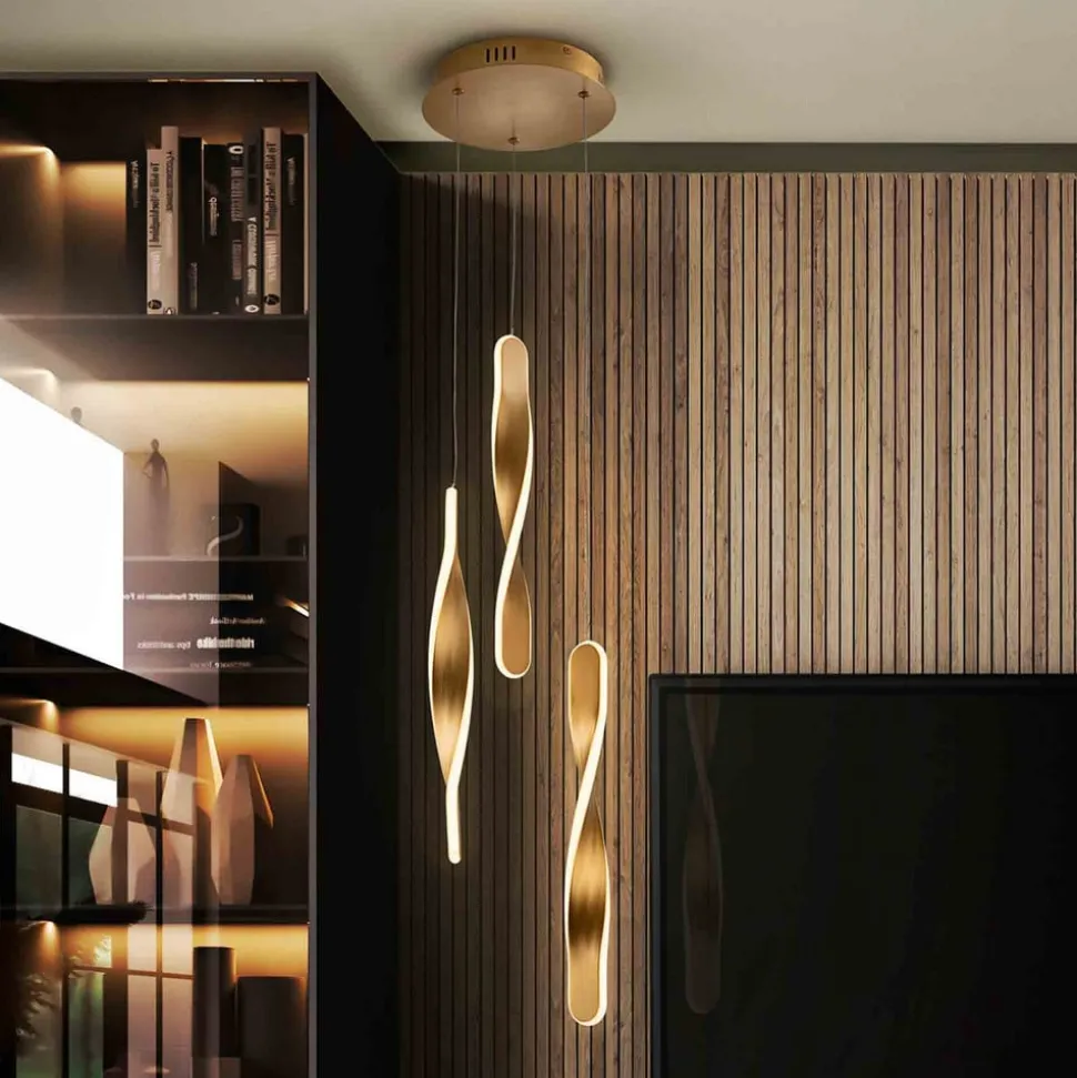 LED-pendel Twist, 3-l. Aluminium, metal, akryl, guldfarvet