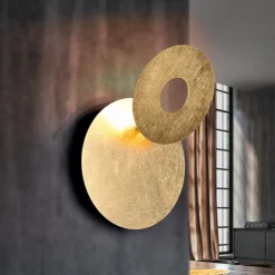 LED-væglampe Leano, rund linse, guld, indirekte