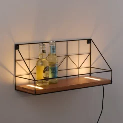 LED-væglystavle med træhylde, 45x15cm