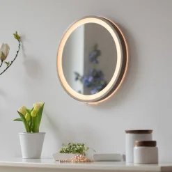 LED-vægspegel VIDRO, bronze, Ø 36 cm, powerbank, afbryder