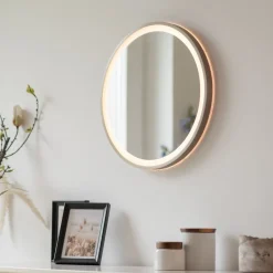 LED-vægspegel VIDRO, bronze, Ø 46 cm, powerbank, afbryder