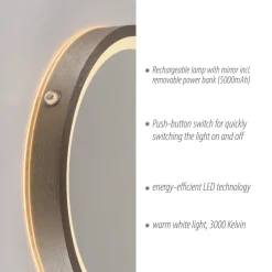 LED-vægspegel VIDRO, bronze, Ø 26 cm, powerbank, afbryder