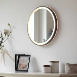 LED-vægspejl VIDRO, grå, Ø 46 cm, powerbank, afbryder