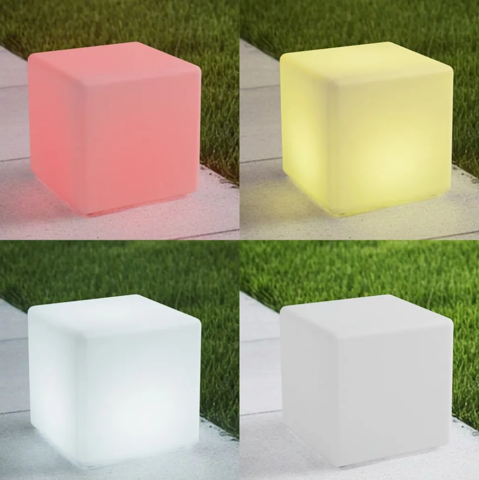 Lindby Akku-LED-udendørslampe Cubara, RGB, terning, plast