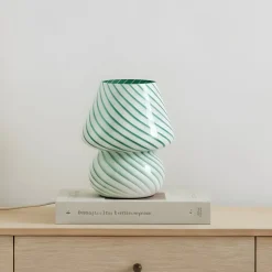 Lindby Andriana bordlampe, grøn/hvid, glas, Ø 15 cm