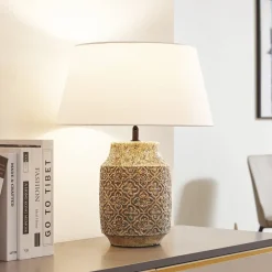 Lindby bordlampe Aelith, Ø 40 cm, brun, keramik, E27