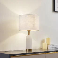 Lindby bordlampe alabast, hvid/guld, Ø 30 cm, marmor, E27