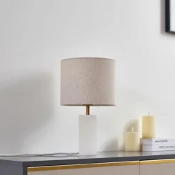 Lindby bordlampe Alabaster, hvid/beige, Ø 25 cm, marmor, E27