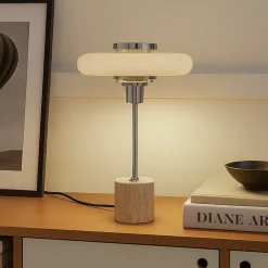 Lindby bordlampe Branford, retro, beige, metal/travertin