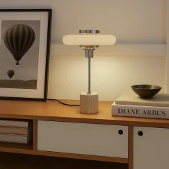 Lindby bordlampe Branford, retro, beige, metal/travertin