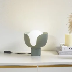 Lindby bordlampe Fiora, grøn, glas, metal, Ø 20 cm