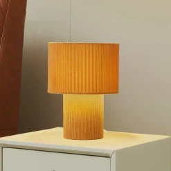 Lindby bordlampe Jone, lysebrun, tekstil, 30 cm høj, E27