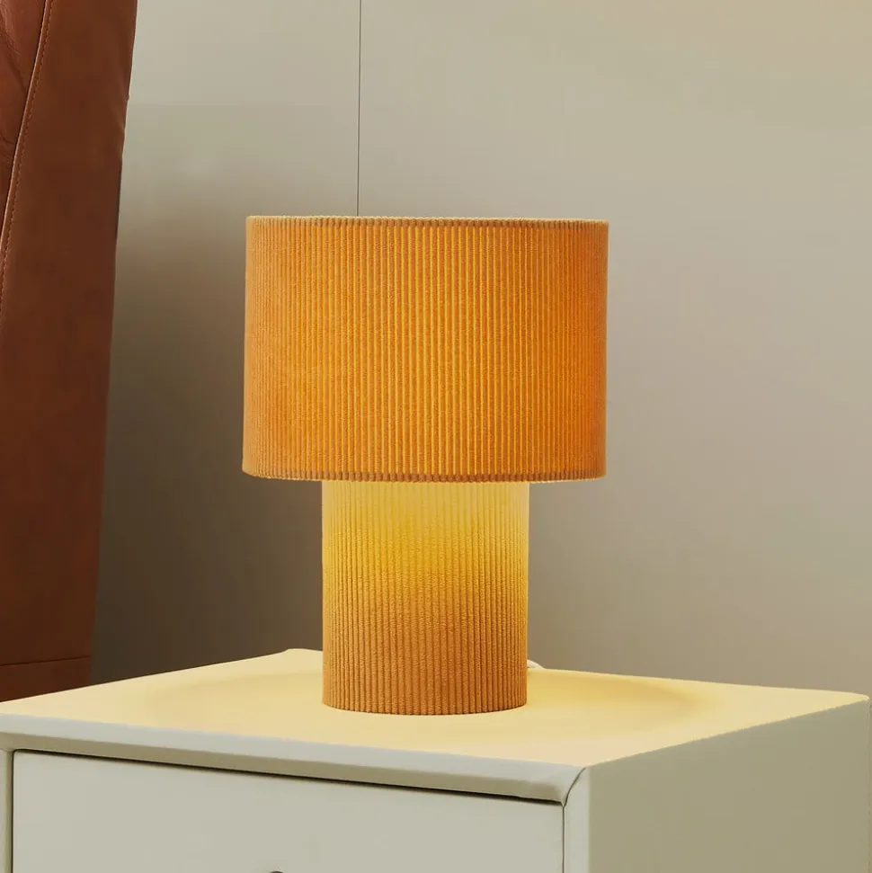 Lindby bordlampe Jone, lysebrun, tekstil, 30 cm høj, E27