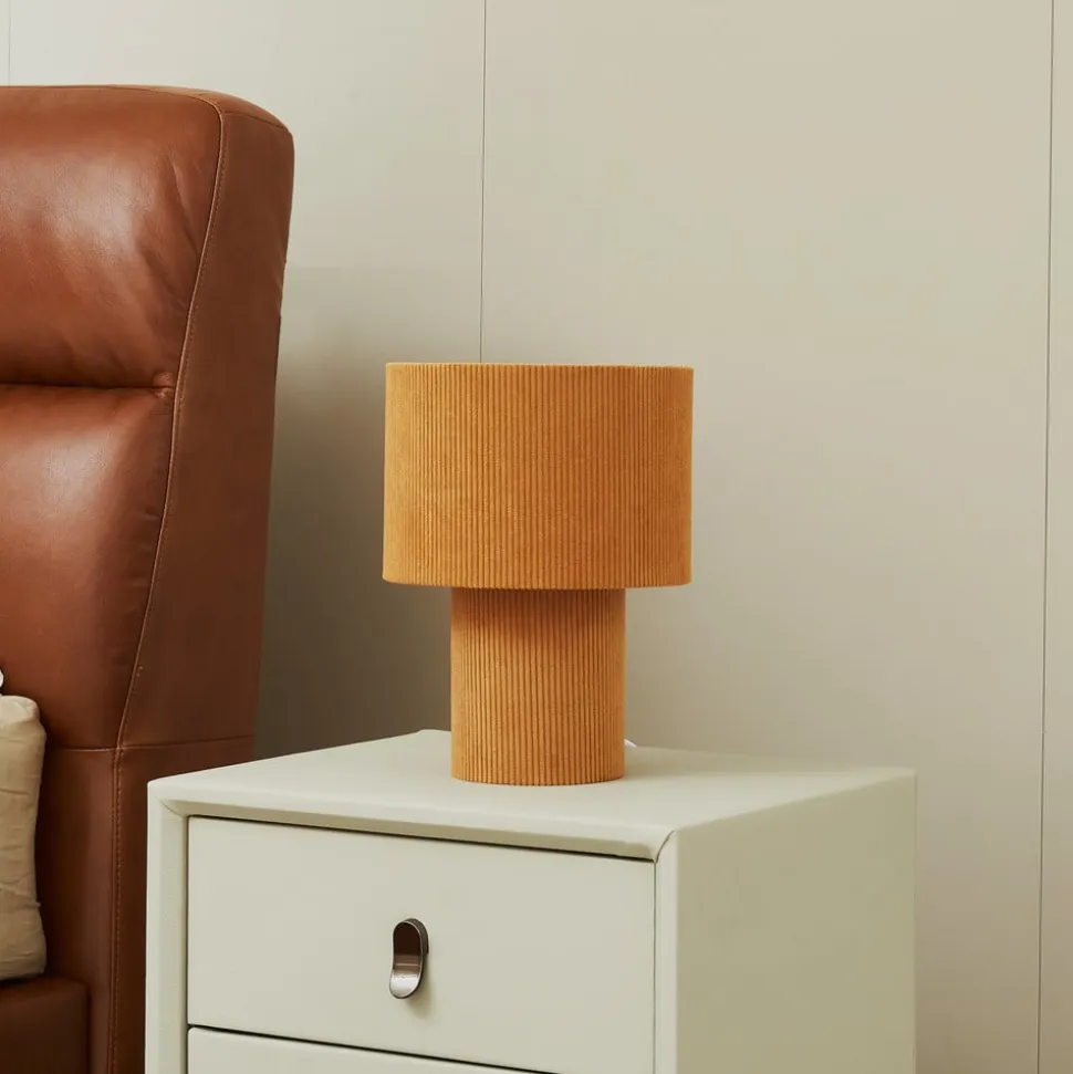 Lindby bordlampe Jone, lysebrun, tekstil, 30 cm høj, E27