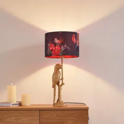 Lindby bordlampe Marula, guld, blomsterprint, tekstil, E27