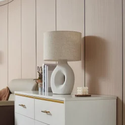 Lindby bordlampe Thalassia, hvid, Ø 30 cm, keramik