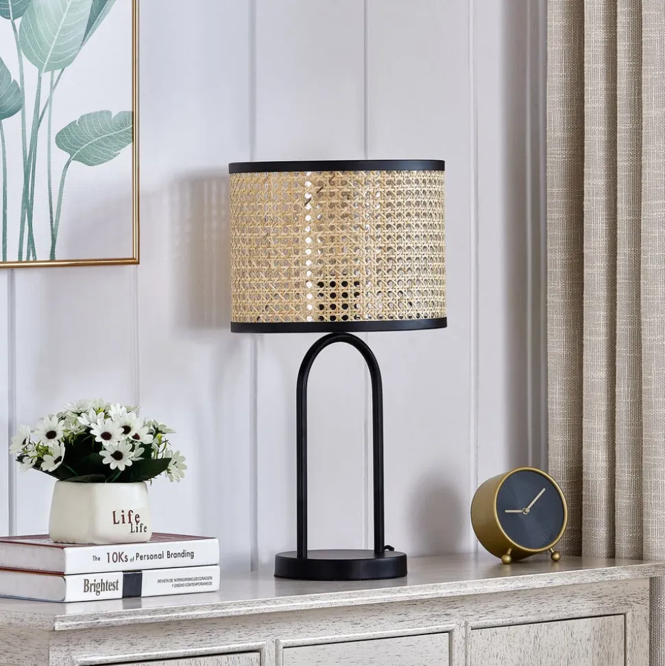 Lindby bordlampe Yaelle, 50 cm høj, rattan, sort, E27