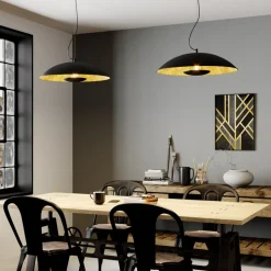 Lindby Emilienne pendellampe, sort, guldfarvet, Ø 60 cm