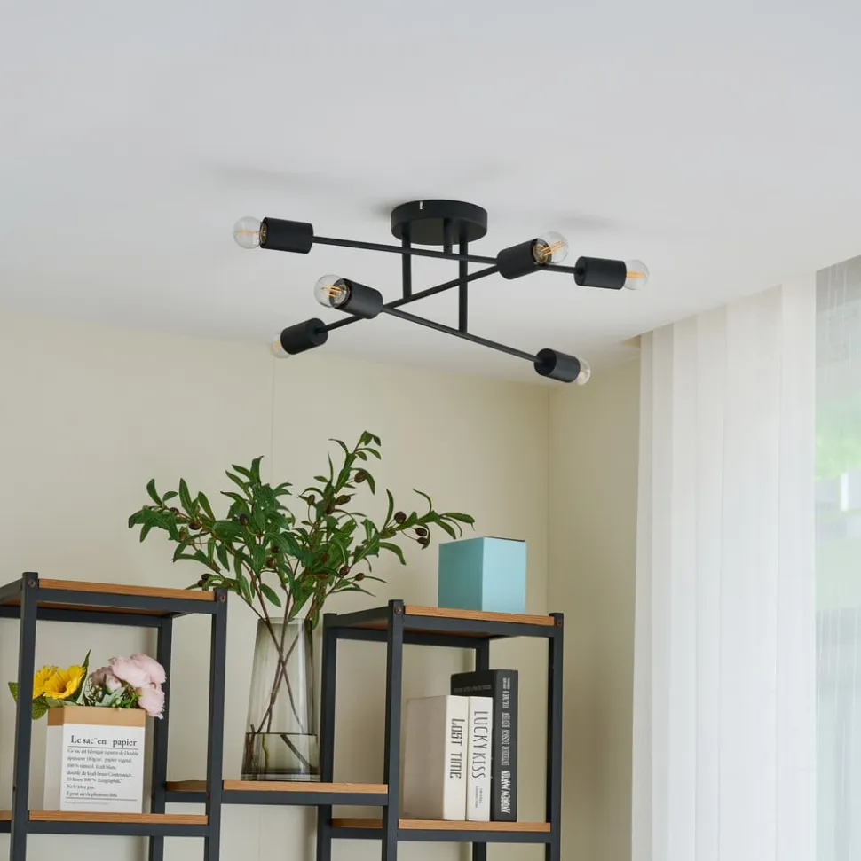 Lindby Estar loftlampe, sort, metal, 6 lyskilder, Ø56cm