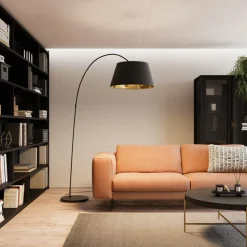 Lindby Esti gulvlampe, sort/guld, stof, højde 192 cm