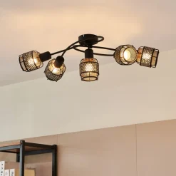 Lindby Eudoria loftlampe, 5 lyskilder, sort/guld