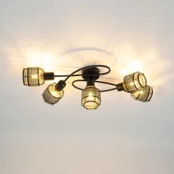 Lindby Eudoria loftlampe, 5 lyskilder, sort/guld