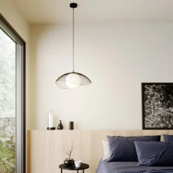 Lindby Fabronia hængelampe, gitter, glaskugle