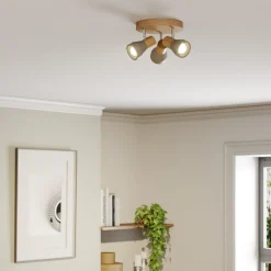 Lindby Filiz spotlight, 3 lyskilder, Ø 20 cm, træ, beton, E14