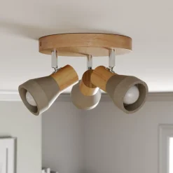 Lindby Filiz spotlight, 3 lyskilder, Ø 20 cm, træ, beton, E14