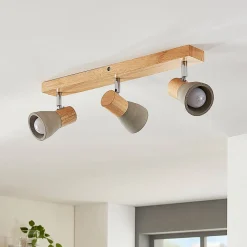 Lindby Filiz spotlight, 3 lyskilder, 47 cm lang, træ, beton, E14