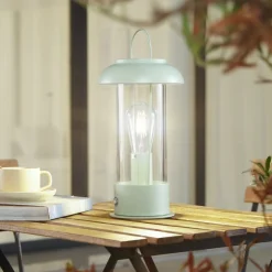 Lindby genopladelig bordlampe Yvette, grøn, IP44, touchdæmper