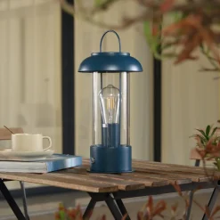 Lindby genopladelig bordlampe Yvette, blå, IP44, touchdæmper