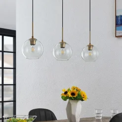 Lindby Grady hængelampe, messing/klar, 110 cm, metal, glas