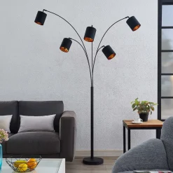 Lindby gulvlampe Abiram, sort/guld, tekstil, 70 cm