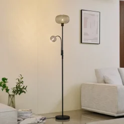 Lindby gulvlampe Aliette, sort/grå, glas, læselampe