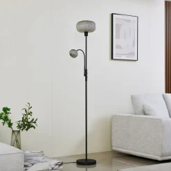 Lindby gulvlampe Aliette, sort/grå, glas, læselampe