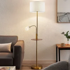 Lindby Gulvlampe Aovan, bronzefarvet, hylde, USB-port