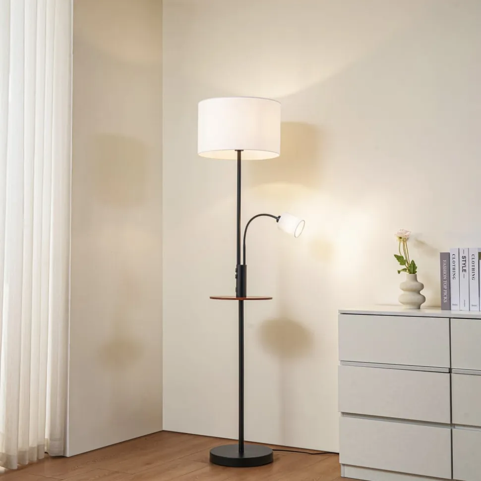 Lindby Gulvlampe Aovan, sort, hylde, USB-port