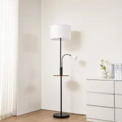Lindby Gulvlampe Aovan, sort, hylde, USB-port