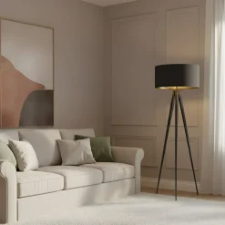 Lindby gulvlampe Benik, stativ, tekstil, sort/guld, 153 cm