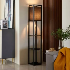 Lindby gulvlampe Birta, sort, hylde, træ, 159 cm