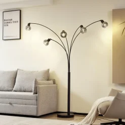 Lindby gulvlampe Braccio, grå/sort, glas, 5 lyskilder, 204,5 cm