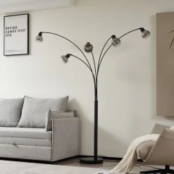 Lindby gulvlampe Braccio, grå/sort, glas, 5 lyskilder, 204,5 cm