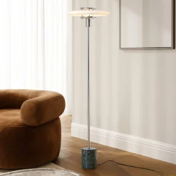 Lindby gulvlampe Branford, retro, hvid/grøn, opalglas/marmor