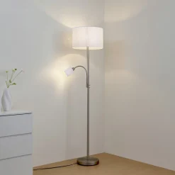 Lindby gulvlampe Jaileen, hvid, tekstil, 170 cm, læselampe